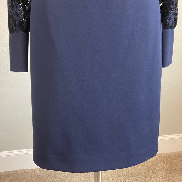 Ralph Lauren Long Sleeve Cocktail Dress Blue Size 6 Lace and Velvet Sheath - Picture 6 of 12